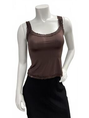 Brown Lace Trim Tank Top Cami Stretch Slim Fit Y2K Basic Size S/M